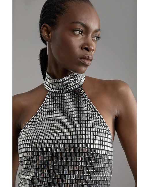 Karen Millen Brown Premium Crystal Embellished Jersey Halter Top