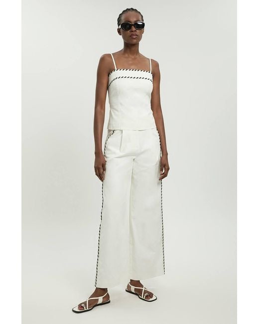 Karen Millen White Petite Tailored Linen Blend Contrast Stitch Top