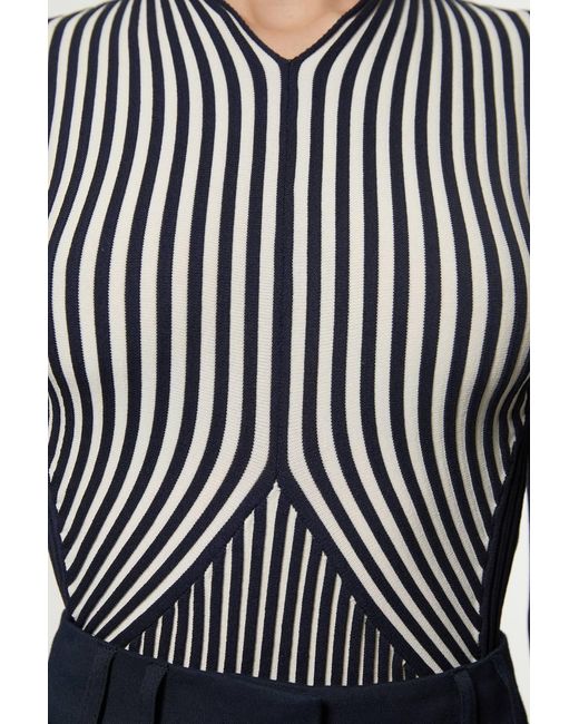 Karen Millen Blue Petite Stripe Fitted Long Sleeve Knitted Top