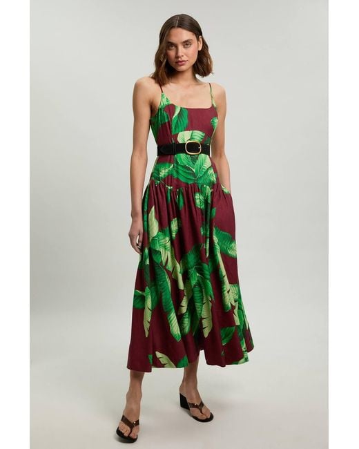 Karen Millen Green Petite Viscose Linen Palm Tree Belted Drop Waist Woven Midi Dress