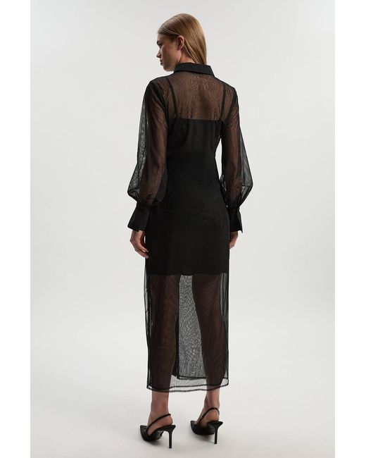Karen Millen Black Archive Mesh Embellished Embroidered Sheer Shirt Dress