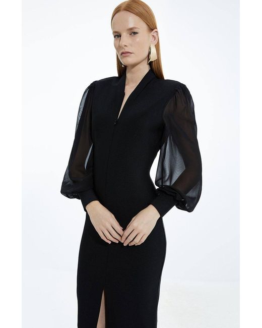Karen Millen Black Bandage Figure Form Zip Detail Chiffon Sleeve Knit Dress