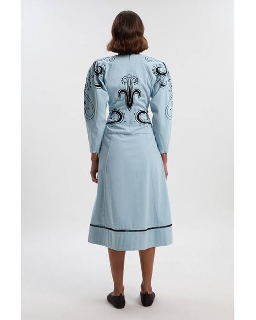 Karen Millen Blue Petite Baroque Embroidered Long Sleeve Twill Woven Midi Dress