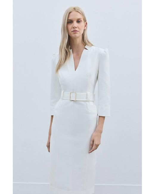 Karen Millen White Petite Forever Structured Crepe Belted Forever Midi Dress