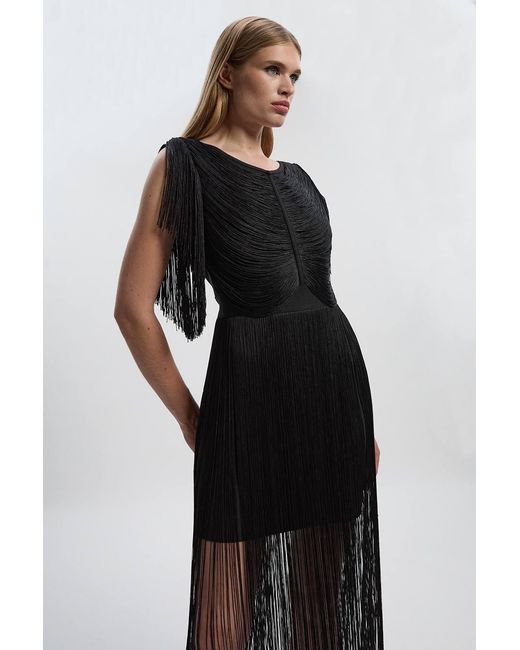 Karen Millen Black Maxi Draped Fringe Knitted Mini Dress