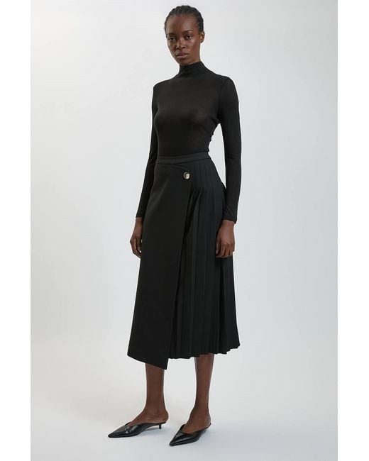 Karen Millen Black Compact Stretch Pleated Midi Kilt Skirt