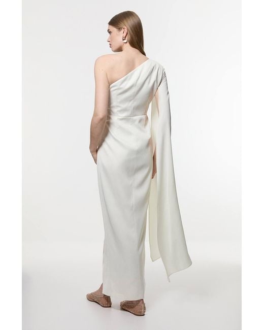 Karen Millen White Petite Satin Drape One Shoulder Tailored Maxi Dress