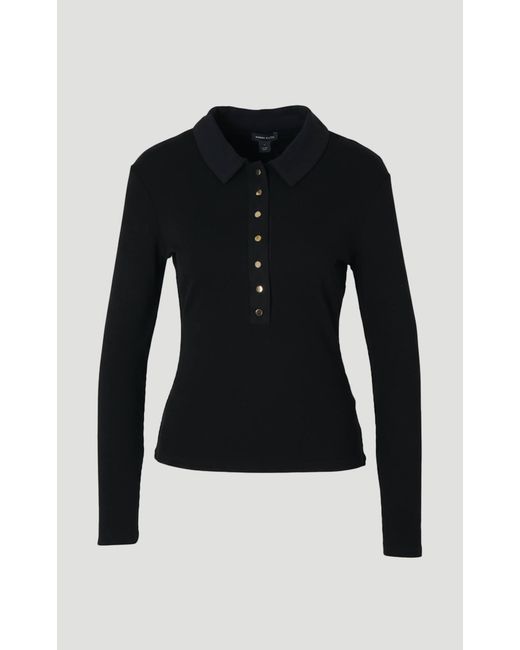 Karen Millen Black Viscose Rib Jersey Long Sleeve Collared Button Top