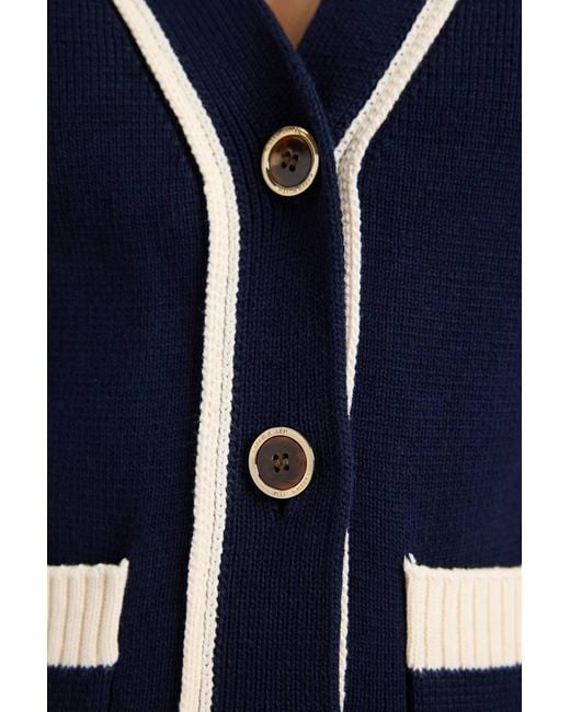 Karen Millen Blue Knit Cotton Contrast Tipped Cardigan Sweater