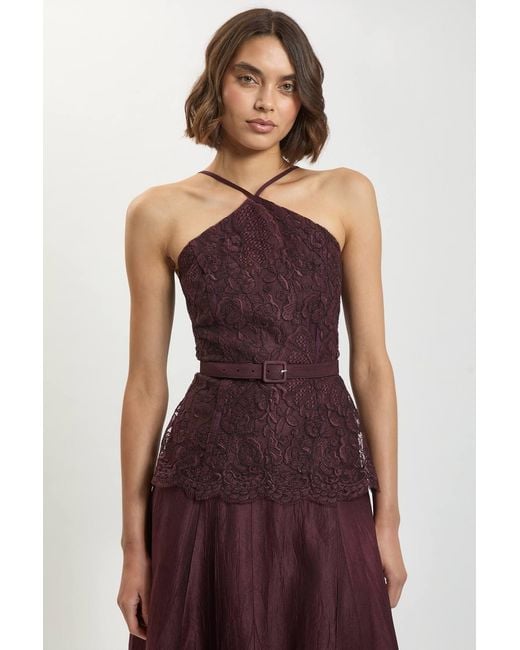 Karen Millen Purple Textured Sateen Lace Halter Neck Belted Midi Dress