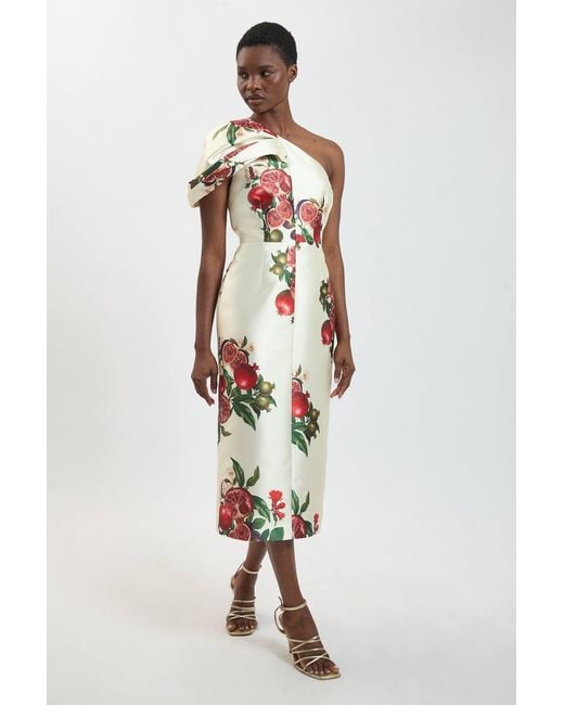 Karen Millen White Fruit Print One Shoulder Twill Midi Dress