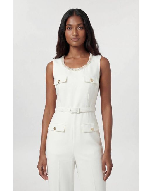 Karen Millen White Compact Stretch Embellished Trim Tailored Wide Leg Jumpsuit
