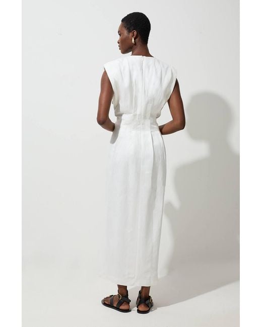 Karen Millen White Viscose Linen Woven Pintuck Midi Dress