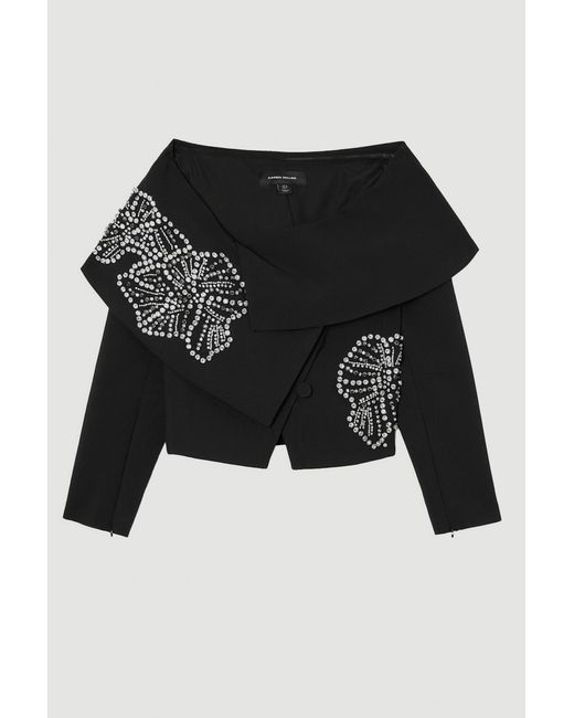Karen Millen Black Placed Floral Crystal Embellished Tailored Asymmetric Jacket