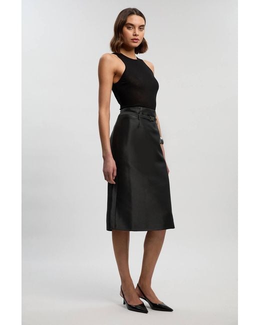 Karen Millen Black Petite Forever Satin Twill Belted Tailored Midi Skirt