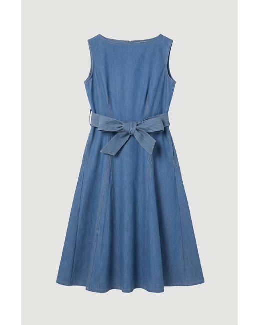 Karen Millen Blue Denim Belted Full Skirt Tailored Dress