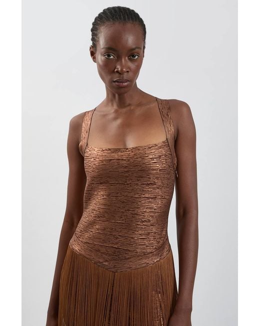 Karen Millen Brown Foil Metallic Figure Form Bandage Fringed Knit Maxi Dress