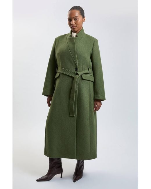 Karen Millen Green Plus Size Wool Investment Notch Neck Tailored Maxi Coat