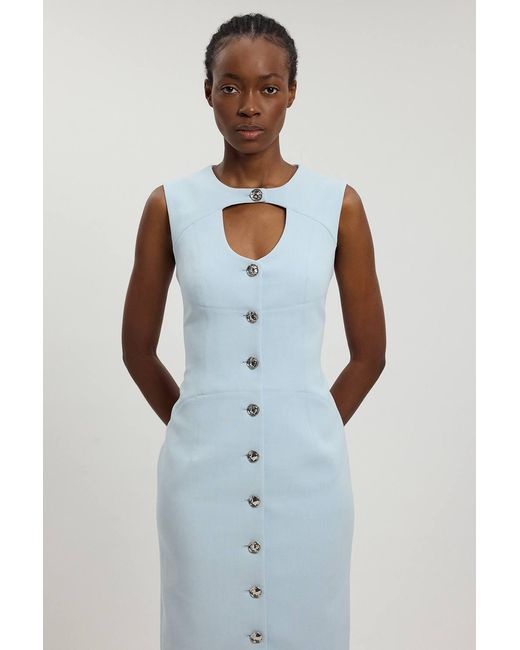 Karen Millen Blue Compact Stretch Button Tailored Midi Dress