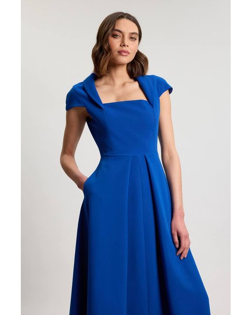 Karen Millen Blue Square Neck Tailored Full Skirted Maxi Dress
