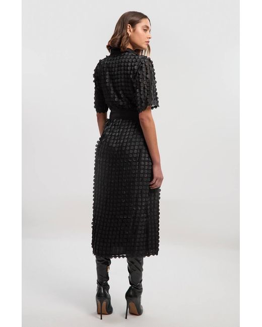 Karen Millen Black Textured Georgette With Satin Collared Shirt Midi Woven Dress