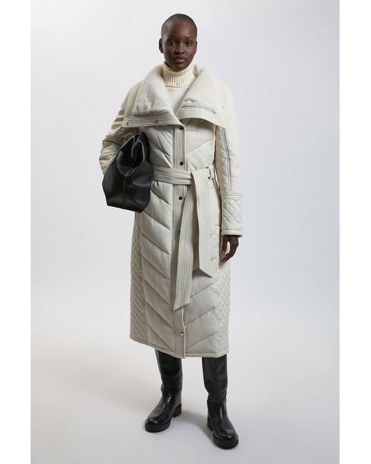 Karen Millen Natural Padded Faux Leather & Faux Fur Mix Midi Coat