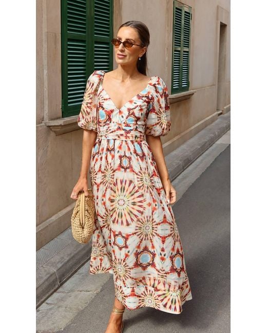 Karen Millen Multicolor Tile Print Silk Cotton Volume Sleeve Woven Maxi Dress