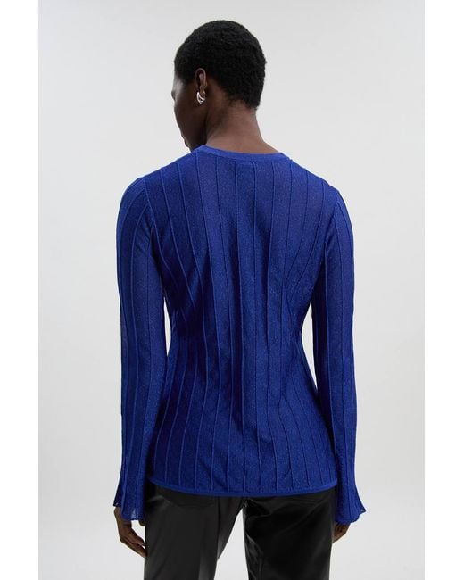 Karen Millen Blue Sparkle Metallic Knitted Fitted Cardigan Sweater