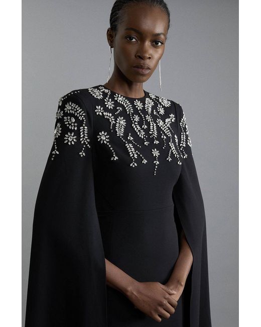 Karen Millen Black Compact Stretch Viscose Crystal Embellished Cape Maxi Dress