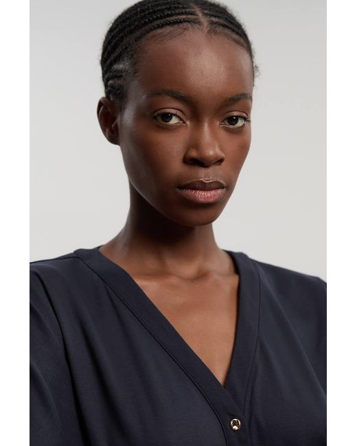 Karen Millen Blue Jersey V Neck Button Detail T
