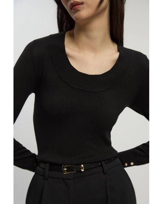 Karen Millen Black Viscose Blend Long Sleeve Scoop Neck Knitted Top