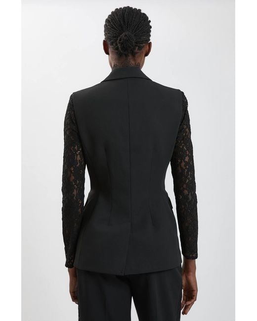 Karen Millen Black Compact Stretch Lace Mix Tailored Single Breasted Blazer