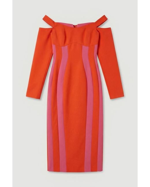 Karen Millen Compact Stretch Colour Block Tailored Bardot Midi Dress