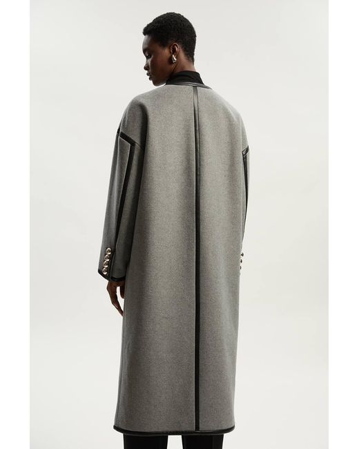 Karen Millen Gray Brushed Wool Pu Mix Tailored Collarless Midi Coat
