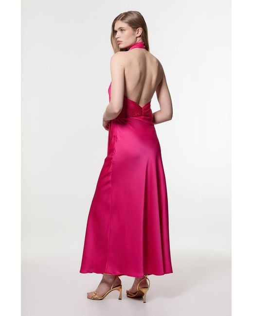 Karen Millen Pink Satin Halter Pleated Woven Maxi Dress