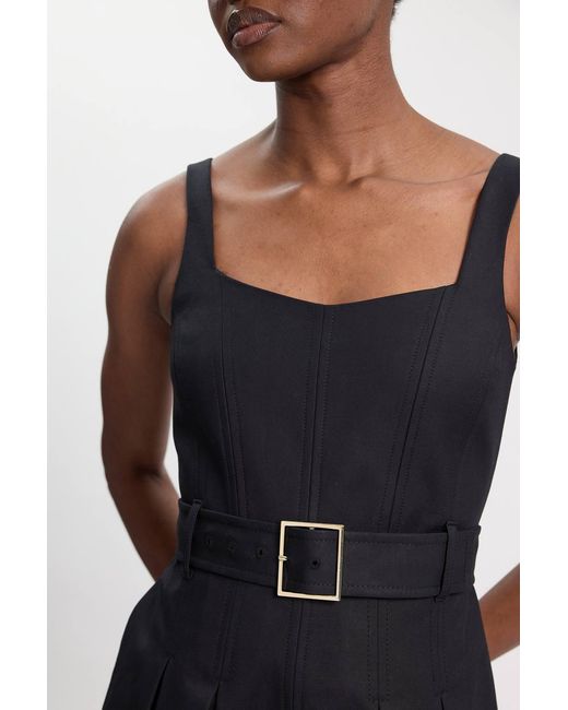 Karen Millen White Petite Premium Cotton Tailored Fabric Belted Buckle Midi Dress
