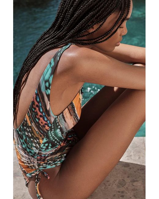 Karen Millen Blue Linear Animal Print Trim Detail Swimsuit