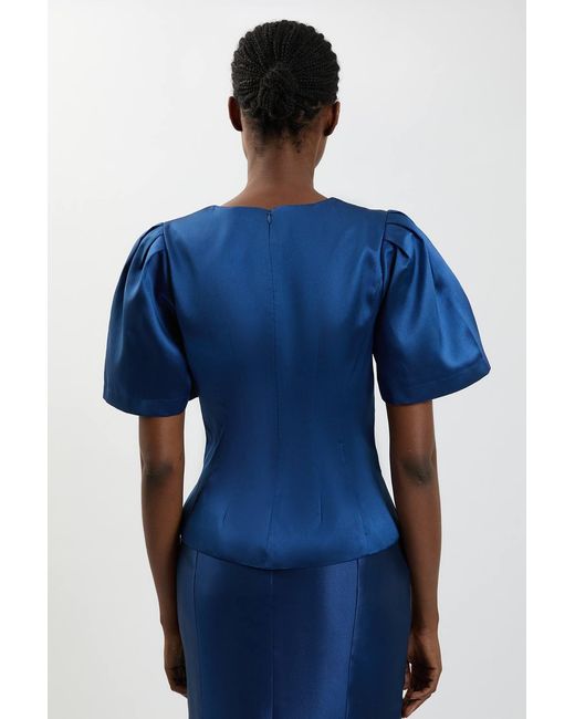 Karen Millen Blue Satin Twill Puff Sleeve Top