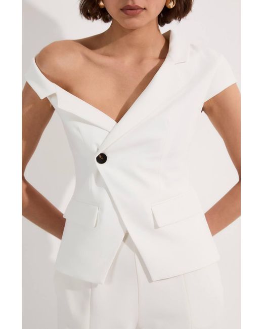 Karen Millen White Clean Tailored Asymmetric Collar Belted Tailored Top
