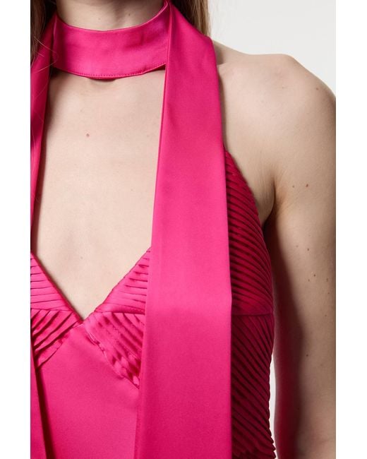 Karen Millen Pink Satin Halter Pleated Woven Maxi Dress