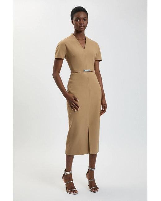 Karen Millen Natural Petite Compact Stretch Tailored Belted Midi Pencil Dress