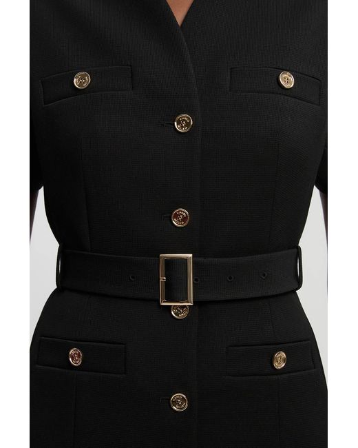 Karen Millen Black Petite Textured Compact Stretch High Neck Belted Mini Dress