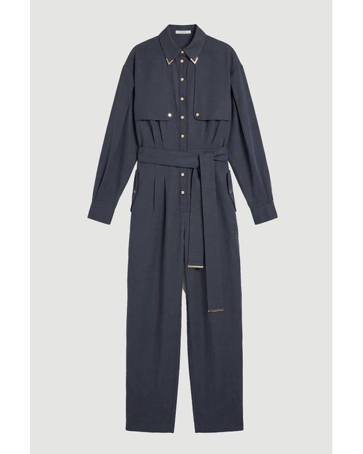 Karen Millen Blue Cupro Utility Twill Woven Jumpsuit
