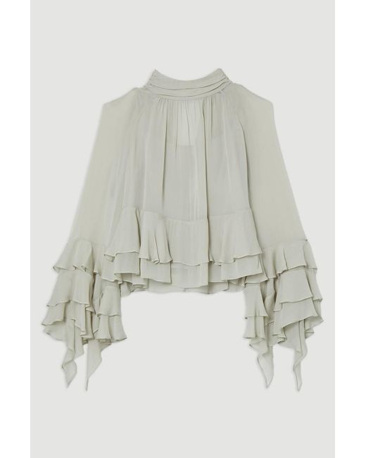 Karen Millen Gray Drama Ruffle Viscose Georgette Woven Blouse