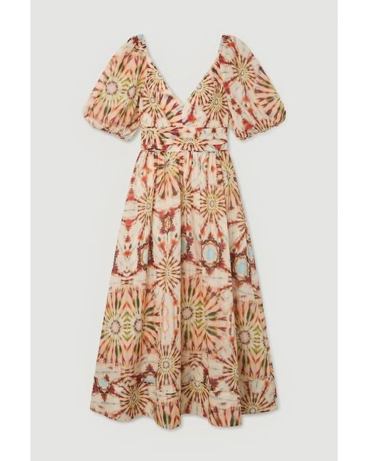 Karen Millen Multicolor Tile Print Silk Cotton Volume Sleeve Woven Maxi Dress