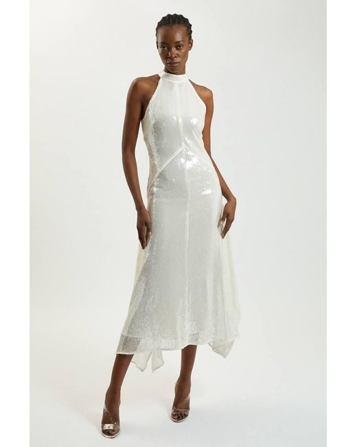 Karen Millen White Sequin Halter Neck Hanky Hem Maxi Dress