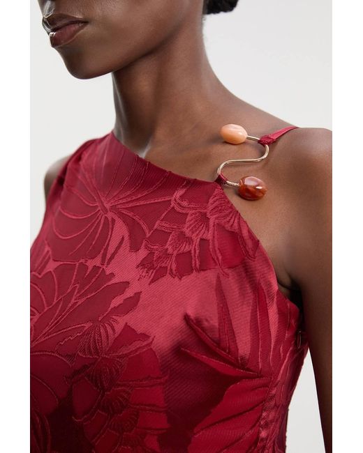 Karen Millen Red Petite Devoure One Shoulder Woven Maxi Dress With Trim Detail
