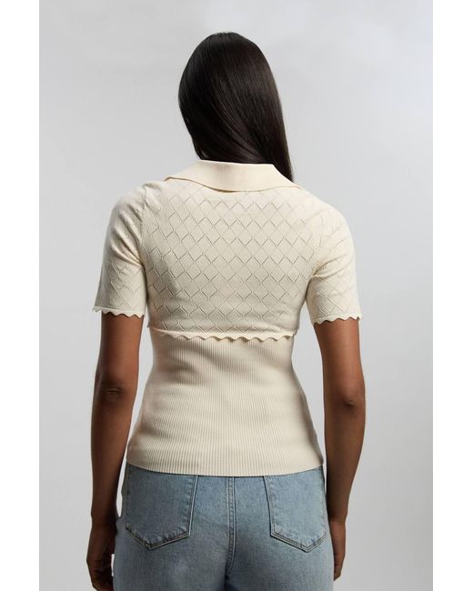 Karen Millen Natural Petite Knit Stitch Detail Rib Collared Short Sleeve Top