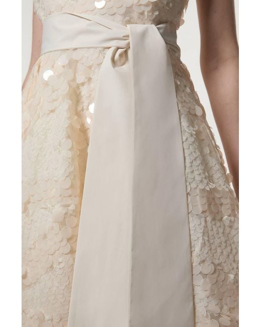 Karen Millen Natural Textured Sequin Floral Belted Woven Tie Maxi Prom Dress