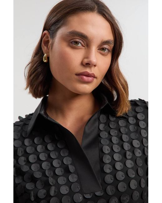 Karen Millen Black Textured Georgette With Satin Collared Shirt Midi Woven Dress